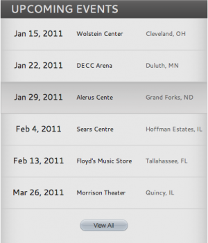 Table of upcoming events
